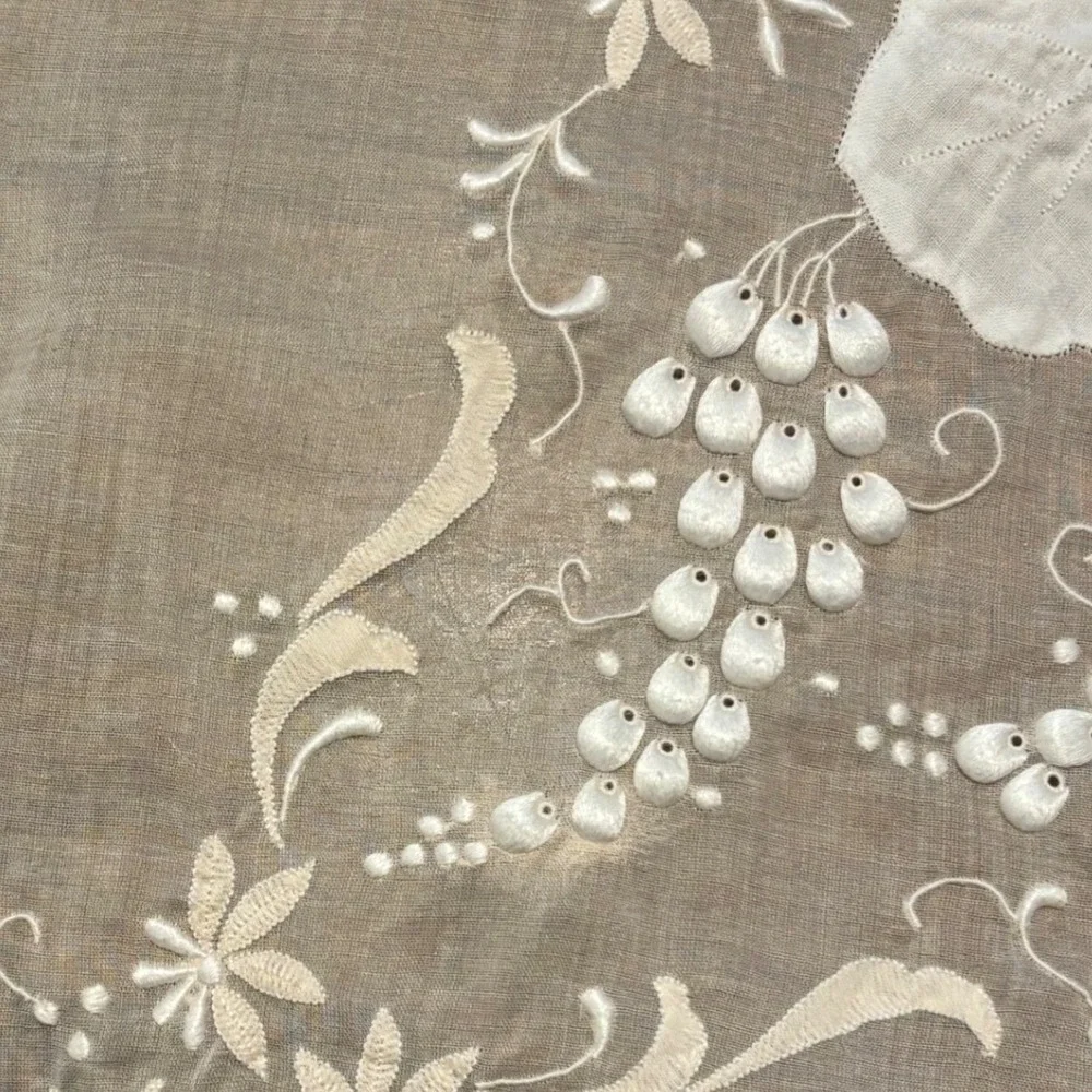 VTG Hand‎ Embroidered Rectangle Tablecloth White Pink Grape Vine Eyelet 100x62